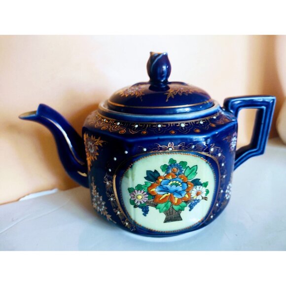 Vintage Moriage Cobalt Blue Hand Painted Japan Tea Pot 1950's - Picture 5 of 14